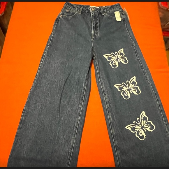 Boho butterflies high waist extra wide leg R&B fit organic cotton jeans NWT - Picture 3 of 13